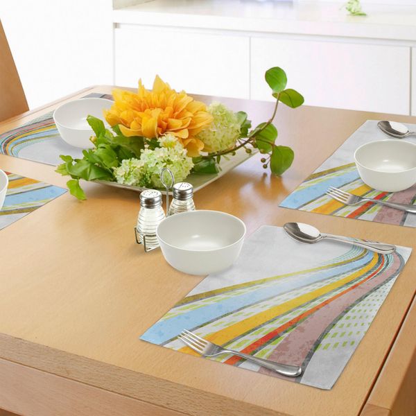 Tovagliette Vintage Abakuhaus, Ispirazioni Vintage, Strisce Colorate E Quadrati A Scacchi, Tiscjdeco In Tessuto Resistente Al Lavaggio Per La Sala Da Pranzo E La Cucina, Multicolore-image