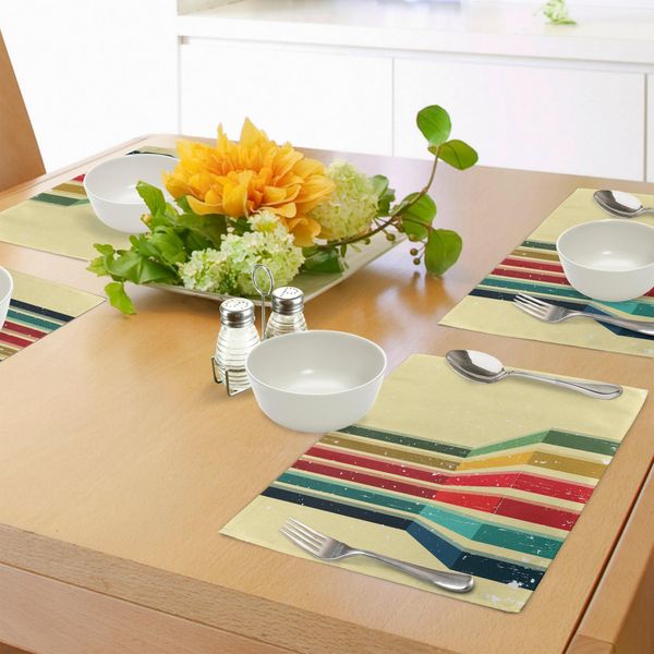 Abakuhaus Tovagliette Vintage Arcobaleno, Strisce Verticali Colorate Con Effetto Grunge Su Sfondo Giallo Pallido, Tiscjdeco In Tessuto Resistente Al Lavaggio Per La Sala Da Pranzo E La Cucina, Multicolore-image