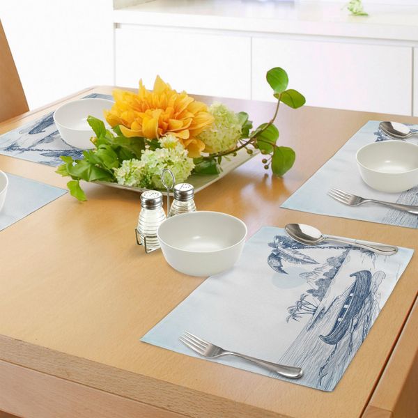 Tovagliette Abakuhaus Vintage Boot, Spiaggia Disegnata A Mano Con Una Barca Su Una Spiaggia Con Palme, Vulcano E Montagne, Tiscjdeco In Tessuto Resistente Al Lavaggio Per La Sala Da Pranzo E La Cucina, Blu Notte E-image