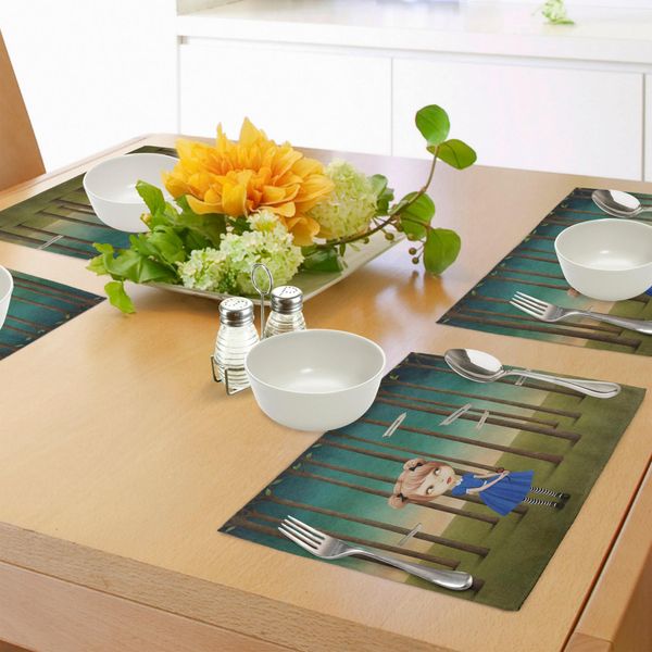 Abakuhaus Tovagliette Murali, Una Ragazza Bionda Si è Persa Nella Foresta, Seguendo I Cartelli Di Legno Sugli Alberi, Tiscjdeco In Tessuto Resistente Al Colore Per La Sala Da Pranzo E La Cucina, Multicolore-image