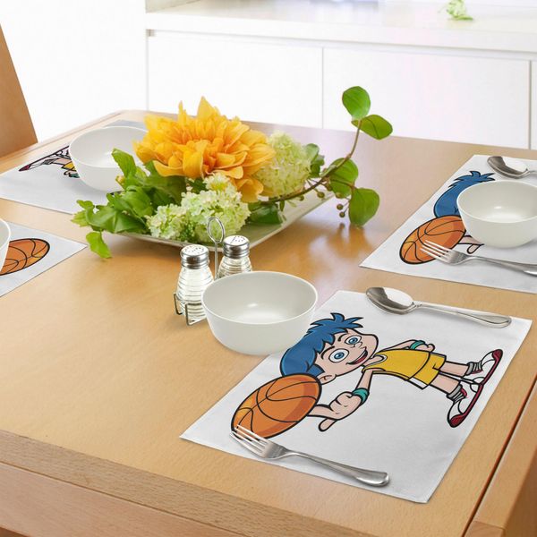 Tovagliette Sportive Per Bambini Abakuhaus, Ragazzo Geniale Che Fa Rotolare La Palla - Atleta - Giocatore Di Basket Professionista - Grafica, Tiscjdeco In Tessuto Resistente Al Colore Per La Sala Da Pranzo E La Cucina, Multicolore-image