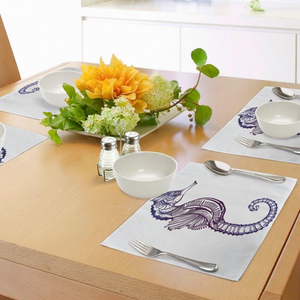 Tovagliette Abakuhaus Marine, Cavallucci Marini Boho, Creature Marine Esotiche, Tatuaggi Nautici, Tiscjdeco In Tessuto Resistente Al Lavaggio Per Sala Da Pranzo E Cucina, Viola Scuro, Viola Chiaro-image