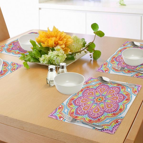 Tovagliette Abakuhaus Rainbow Mandala, Motivo Mandala Orientale Colorato Con Stelle Paisley E Pois Caleidoscopici, Decorazioni Da Tavola In Tessuto Resistente Al Lavaggio Per La Sala Da Pranzo E La Cucina, Multicolore-image