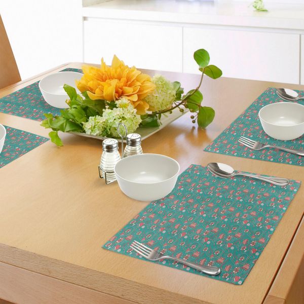 Abakuhaus Tovagliette Blu-Verde E Rosa, Fiori Astratti Con Pois Rosa E Bianchi, Foglioline Svolazzanti, Tiscjdeco In Tessuto Resistente Al Lavaggio Per La Sala Da Pranzo E La Cucina, Rosa Chiaro, Bianco E Verde Acqua.-image
