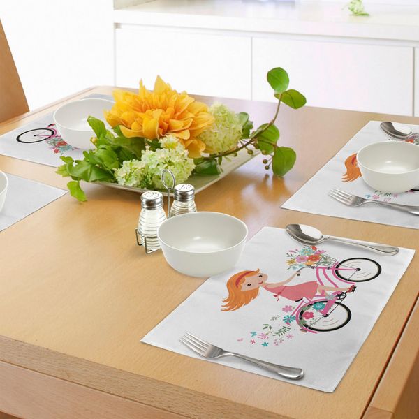 Tovagliette Per Bambini Abakuhaus, Bambina Felice Con Mazzo Di Fiori E Bicicletta, Attività Infantili Divertenti, Tovaglietta Decorativa In Tessuto Resistente Ai Colori Per La Sala Da Pranzo E La Cucina, Multicolore-image