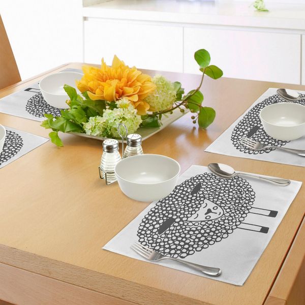 Abakuhaus Tovagliette Grigie E Bianche, Pecore Monocolore Con Disegno Doodle Farm Animal Illustration, Tiscjdeco In Tessuto Resistente Al Lavaggio Per La Sala Da Pranzo E La Cucina, Grigio Antracite E Bianco-image