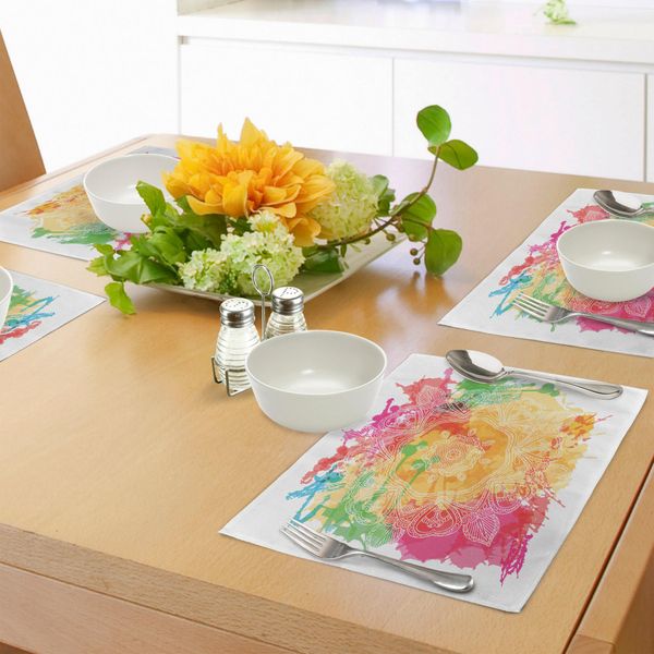 Tovagliette Abakuhaus Rainbow Mandala, Motivo Mandala Con Contorni E Cuori Paisley Su Sfondo Colorato, Tiscjdeco In Tessuto Resistente Al Lavaggio Per La Sala Da Pranzo E La Cucina, Multicolore-image