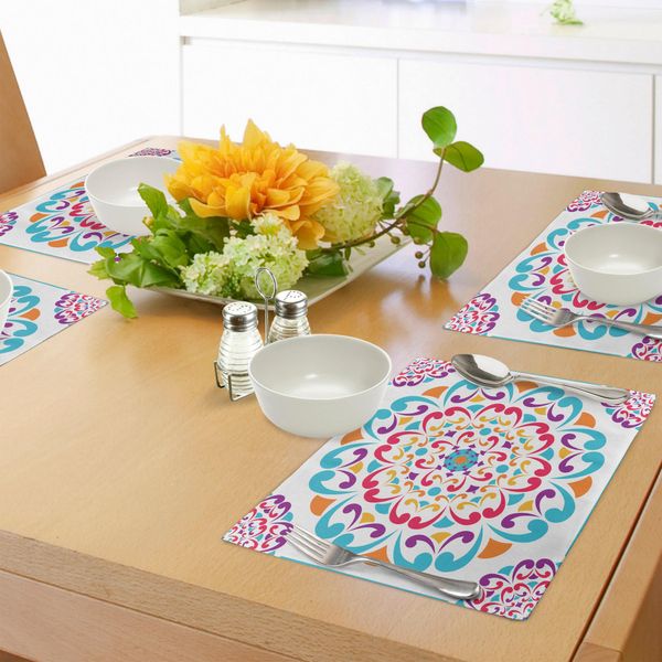 Tovagliette Abakuhaus Con Mandala Arcobaleno, Motivi Tradizionali Colorati E Vorticosi, Motivi Arabeschi, Elementi Orientali, Decorazioni Da Tavola In Tessuto Resistente Al Lavaggio Per La Sala Da Pranzo E La Cucina, Multicolore-image