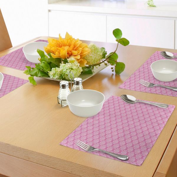 Abakuhaus Tovagliette Rosa, Motivi Floreali Complessi Petali E Foglie Artistici Piastrelle Retrò Rinascimentali, Stampa Digitale Su Tessuto Lavabile Decorazioni Per La Tavola Cucina, Rosa Baby E Rosa-image
