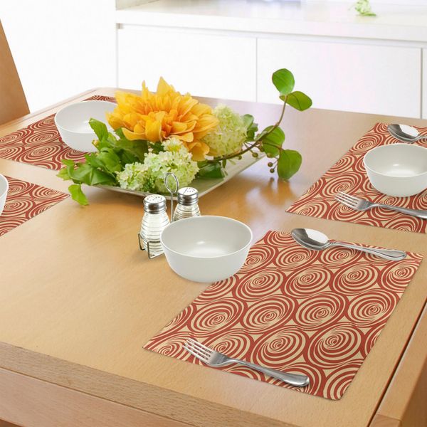 Tovagliette Abakuhaus Retro, Motivi Circolari Intrecciati, Design Astratto Vintage, Decorazioni Artistiche, Tiscjdeco In Tessuto Resistente Al Lavaggio Per La Sala Da Pranzo E La Cucina, Giallo Chiaro E Ruggine.-image