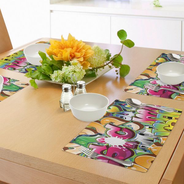 Abakuhaus Tovagliette Urbane Con Graffiti, Graffiti Murali In Stile Throwie Con Lettere A Bolle, Parole Parzialmente Sovrapposte, Tiscjdeco In Tessuto Resistente Al Colore Per La Sala Da Pranzo E La Cucina, Multicolore-image