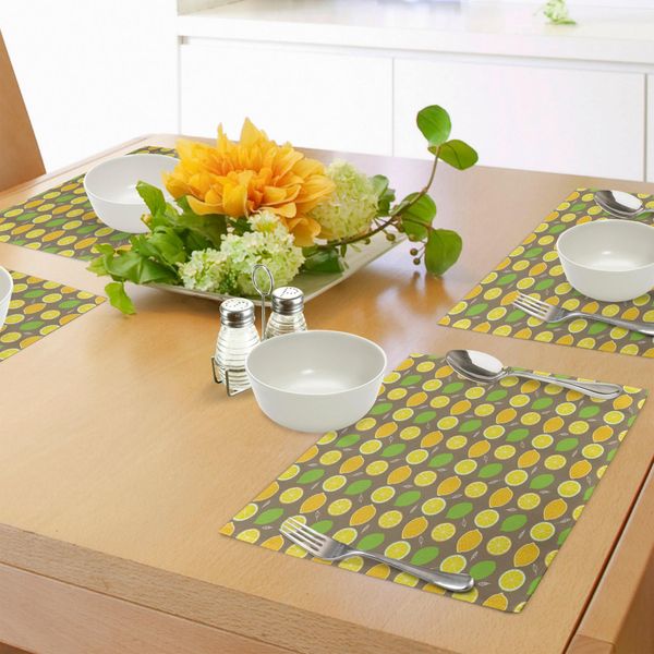 Tovagliette Abakuhaus Con Motivo Limoni, Immagini Colorate Di Limoni E Limoni Su Sfondo Tortora, Decorazioni Da Tavola In Tessuto Resistente Al Lavaggio Per La Sala Da Pranzo E La Cucina, Verde Mela, Giallo E Tortora.-image