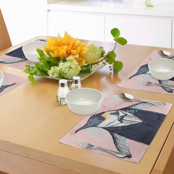 Tovagliette Abakuhaus Hipster, Illustrazione Di Un Simpatico Pinguino Vestito In Stile Retrò Con Colori Vivaci, Tiscjdeco In Tessuto Resistente Ai Colori Per La Sala Da Pranzo E La Cucina, Multicolore-image