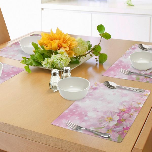 Tovagliette Abakuhaus Rose, Primavera In Fiore Ciliegio In Fiore Sakura April Tree Fresca Tenerezza, Tiscjdeco In Tessuto Resistente Al Lavaggio Per La Sala Da Pranzo E La Cucina, Giallo Verde E Rosa Cipria-image