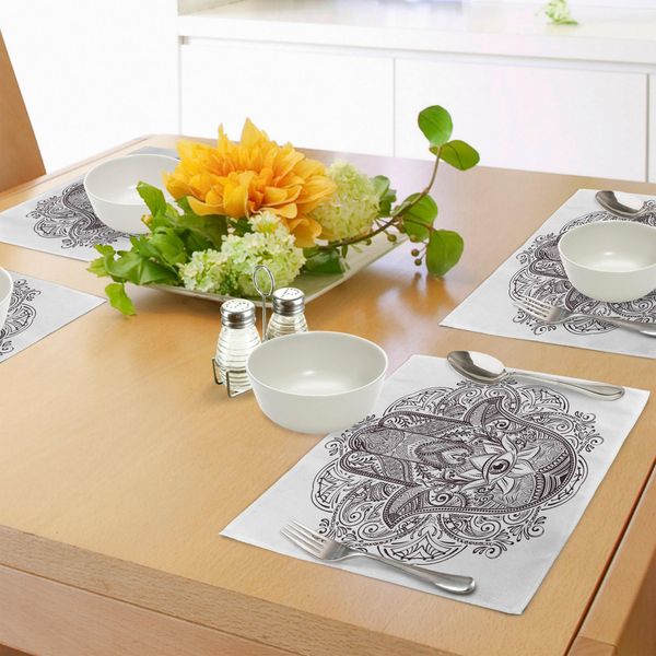 Tovagliette Abakuhaus Hamsa, Motivi Etnici Disegnati A Mano Dal Medio Oriente, Stile Folkloristico Sketch Style Swirls, Tiscjdeco In Tessuto Resistente Al Lavaggio Per La Sala Da Pranzo E La Cucina, Marrone Scuro E Bianco-image