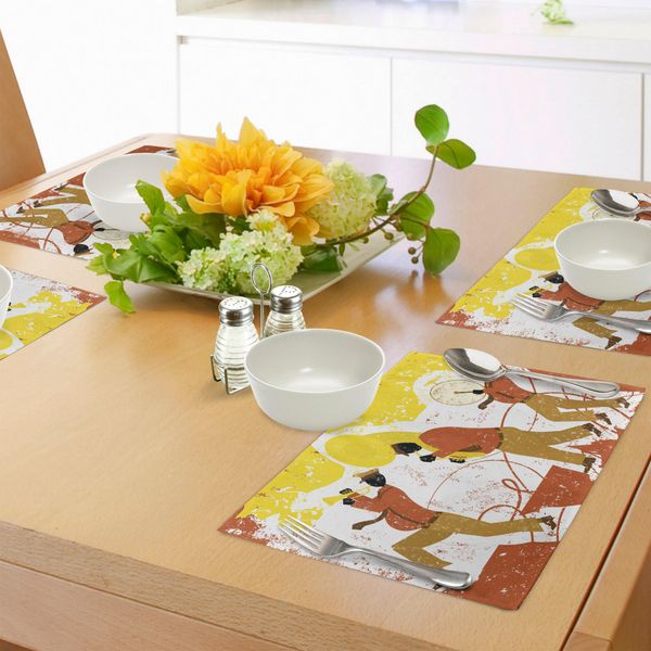 Tovagliette Abakuhaus, Nastro Con Tromba, Tuba E Batterista Su Sfondo Grunge, Tiscjdeco In Tessuto Resistente Al Lavaggio Per Sala Da Pranzo E Cucina, Marrone Chiaro Cannella E Giallo-image