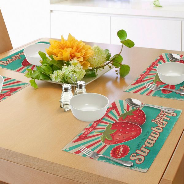 Tovagliette Abakuhaus Con Motivi Frutta, Stile Poster Retrò, Strisce Colorate Con Fragole Su Sfondo Consumato, Decorazioni Da Tavola In Tessuto Resistente Al Lavaggio Per Sala Da Pranzo E Cucina, Multicolore-image
