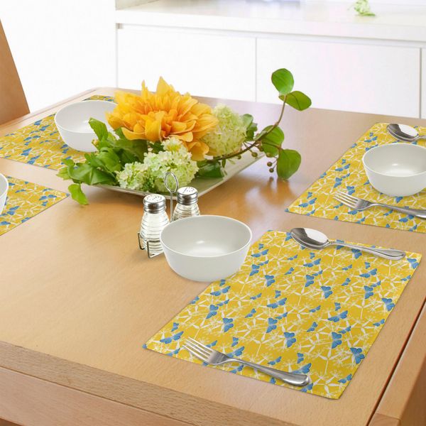 Abakuhaus Tovagliette Gialle E Blu, Farfalle Con Silhouette Di Fiori Tropicali Su Sfondo Giallo, Decorazioni Da Tavola In Tessuto Resistente Al Lavaggio Per La Sala Da Pranzo E La Cucina, Giallo, Bianco E Blu-image