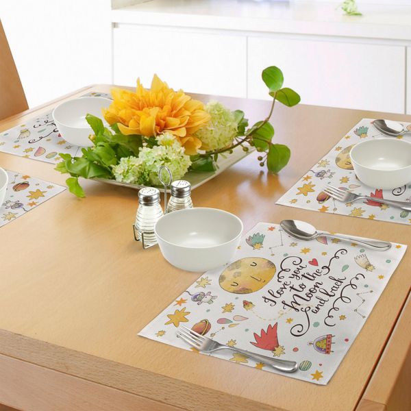 Abakuhaus Tovagliette Con Citazioni, Romantiche Illustrazioni In Stile Cartone Animato Con Elementi Celesti E La Frase "Ti Amo Fino Alla Luna"" E Slogan Sul Retro, Tovagliette Decorative In Tessuto Resistente Al Lavaggio Per La Sala Da Pranzo E La Cucina, Multicolore"-image
