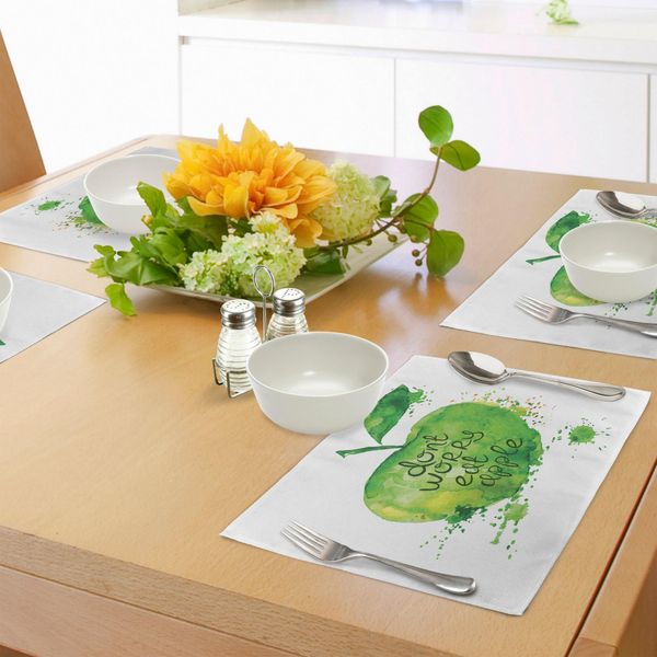 Tovagliette Abakuhaus Con Motivi Di Frutta, Citazione "Non Preoccuparti"" Su Sfondo Acquerellato Verde Con Frutta Disegnata A Mano, Tiscjdeco In Tessuto Resistente Al Lavaggio Per La Sala Da Pranzo E La Cucina, Verde Mela E Bianco."-image