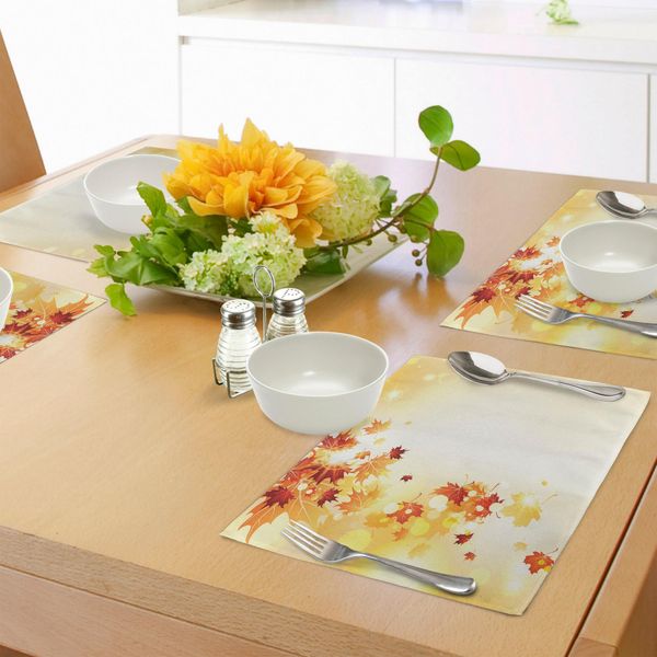 Tovagliette Abakuhaus Autunno, Motivo Foglie Volanti Su Sfondo Bokeh Autumn Nature, Tiscjdeco In Tessuto Resistente Al Lavaggio Per Sala Da Pranzo E Cucina, Giallo Chiaro Arancione Scuro Arancione-image