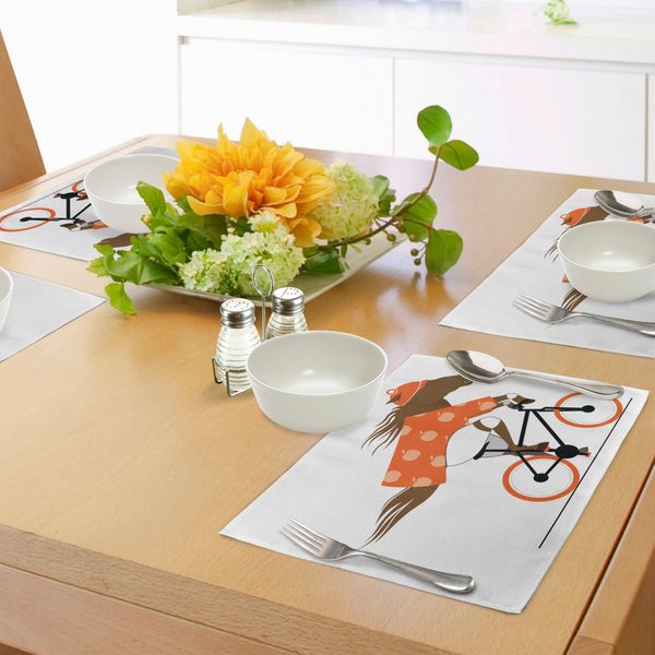 Abakuhaus Tovagliette Con Cavalli, Illustrazione Del Ciclista Horse Riding Una Bicicletta E Accessori Arancioni, Tiscjdeco In Tessuto Resistente Al Lavaggio Per La Sala Da Pranzo E La Cucina, Arancione Nero Marrone-image