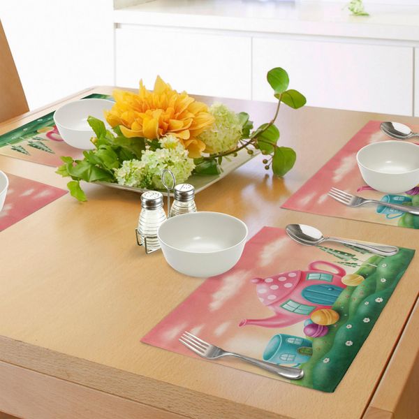 Tovagliette Fantasia Abakuhaus, Teiera E Tazza Da Caffè Fantasia A Pois, Casa Circondata Da Lecca-Lecca, Decorazioni Da Tavola In Tessuto Resistente Al Lavaggio Per La Sala Da Pranzo E La Cucina, Verde Felce E Rosso Corallo.-image
