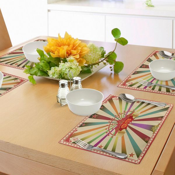 Tovagliette Abakuhaus Zirkus, Invito Colorato In Stile Retrò Al Circo O Pubblicità Per Il Pubblico Con Silhouette Di Tendone, Decorazioni Da Tavola In Tessuto Resistente Ai Colori Per La Sala Da Pranzo E La Cucina, Multicolore-image