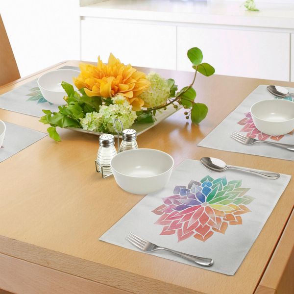 Tovagliette Abakuhaus Rainbow Mandala, Disegno Floreale In Stile Acquerello, Petali Artistici Su Sfondo Bianco, Decorazioni Da Tavola In Tessuto Resistente Al Lavaggio Per La Sala Da Pranzo E La Cucina, Multicolore-image