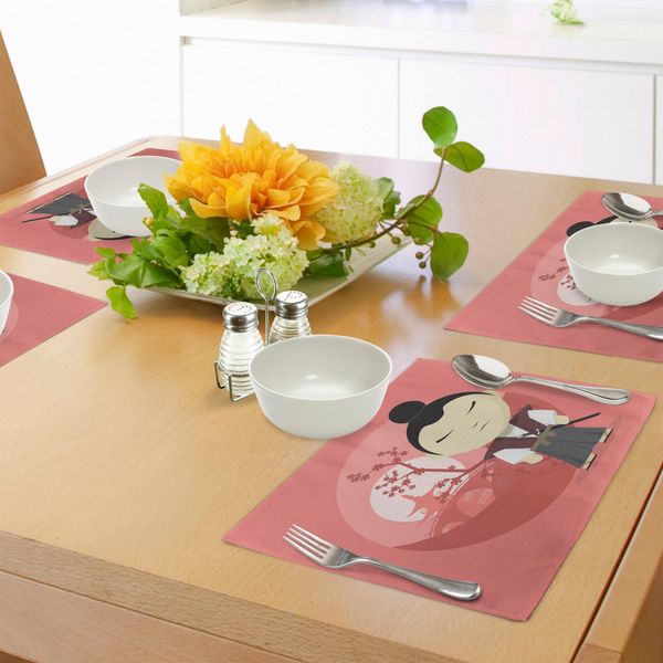 Tovagliette Abakuhaus Samurai, Divertente Composizione In Stile Cartoon Con Edifici Orientali E Sfondo Di Alberi Di Sakura, Tiscjdeco In Tessuto Resistente Al Lavaggio Per La Sala Da Pranzo E La Cucina, Multicolore-image