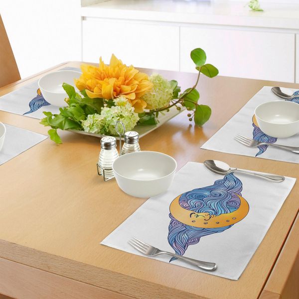 Tovagliette Abakuhaus Mond, Mezzaluna Astratta Con Sfondo Di Nuvole Vorticose E Design Mistico, Decorazione Da Tavola In Tessuto Resistente Al Lavaggio Per La Sala Da Pranzo E La Cucina, Arancione Chiaro, Viola E Blu-image