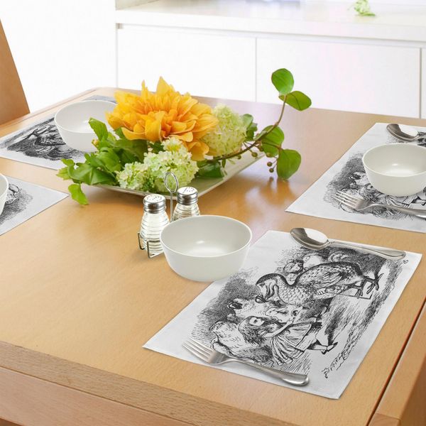Abakuhaus Tovagliette Per Bambini, Alice Nel Paese Delle Meraviglie Con Dodo Avventure Animali Big Bird Schizzo A Tema Per Bambini, Tiscjdeco In Tessuto Resistente Ai Colori Per La Sala Da Pranzo E La Cucina, Bianco E Nero-image