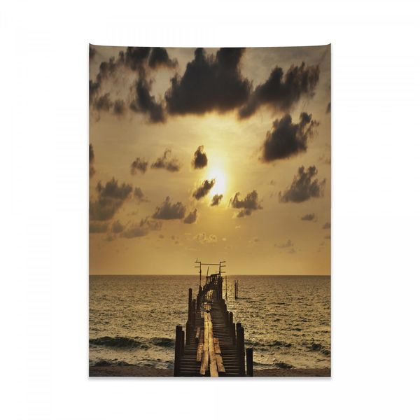 Tappeto Da Parete Abakuhaus Nautico, Ponte Di Legno Tramonto In Morbido Tessuto In Microfibra Colori Chiari Che Non Sbiadiscono Lavabile, 110 X 150 Cm, Giallo Grigio-image
