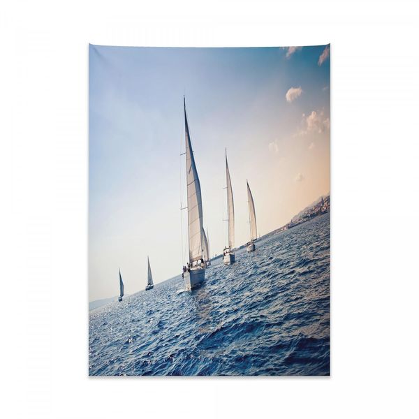 Arazzo Nautico Abakuhaus, Barche A Vela Da Regata In Morbido Tessuto Microfibra, Colori Chiari Che Non Sbiadiscono, Lavabile, 110 X 150 Cm, Bianco E Blu-image