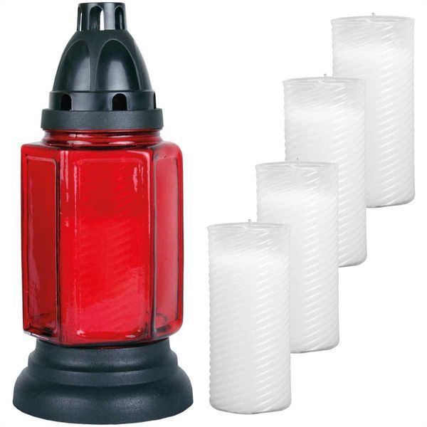 Lume Da Tomba In Vetro Di Circa 24 Cm (Rosso), Incluse 5 Candele Di Ricarica-image