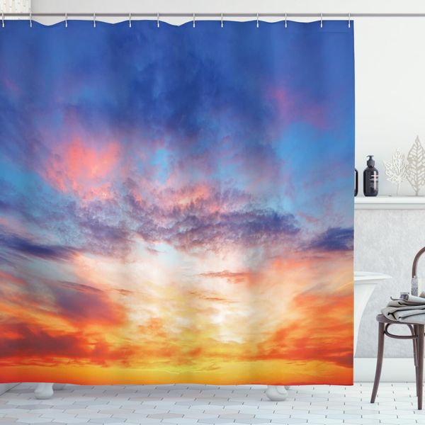 Abakuhaus Tenda Da Doccia Colorata, Tramonto, Nuvole, Cielo, Acqua, Opaca, Incl. 12 Anelli, Resistente A Batteri E Muffe, 175 X 240 Cm, Arancione E Blu-image