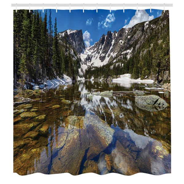 Abakuhaus Tenda Da Doccia Paesaggistica, Dream Mirroring Lake Am Berg Park In West America River Snow Stampa, Tessuto Set Decorativo Per Bagno Con Ganci, 175X240 Cm, Verde Marrone Blu-image