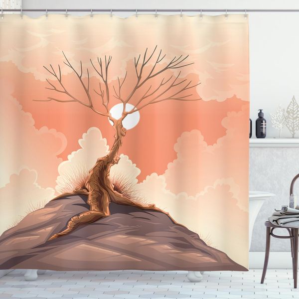 Abakuhaus Tenda Da Doccia Paesaggio, Albero Solitario Sulla Scogliera, Acqua Opaca, Incl. 12 Anelli, Resistente A Batteri E Muffe, 175 X 200 Cm, Arancione Marrone-image
