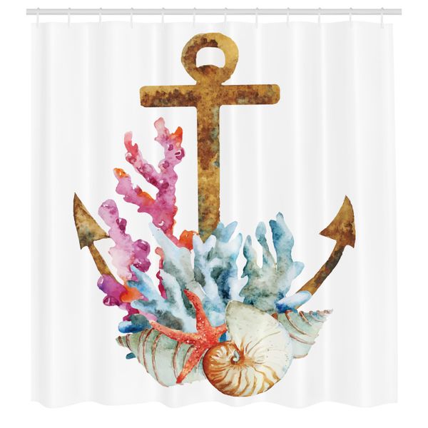 Abakuhaus Tenda Da Doccia Con Ancore, Ancore Con Coralli, Alghe, Vita Sottomarina, Immersioni, Tessuto, Set Decorativo Per Bagno Con Ganci, 175X200 Cm, Caramello Multicolore-image