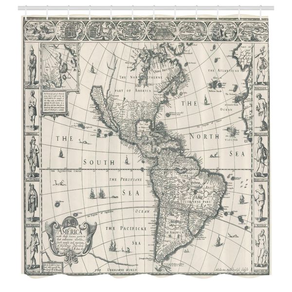 Abakuhaus Tenda Da Doccia Con Mappa Del Mondo, Mappa Antica Dell'america Nel 1600, Medioevo, Stile Retrò, Tessuto, Set Decorativo Per Bagno Con Ganci, 175X240 Cm, Multicolore-image