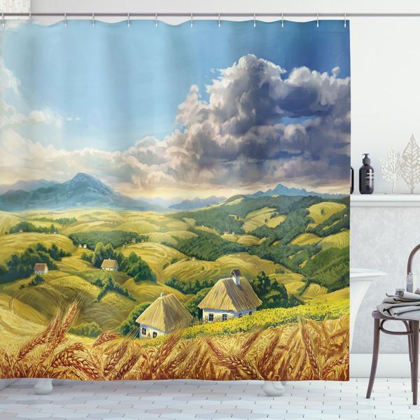 Abakuhaus Tenda Da Doccia Paesaggio, Case Vacanza Estive, Opaca, Incl. 12 Anelli, Resistente A Batteri E Muffe, 175 X 200 Cm, Verde Bianco Blu-image