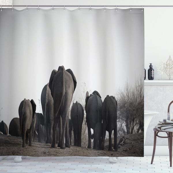 Abakuhaus Tenda Da Doccia Elefante, Safari Nella Fauna Tropicale, Stampa Digitale Moderna Con 12 Ganci Su Tessuto Resistente All'acqua E Ai Batteri, 175 X 220 Cm, Grigio-image