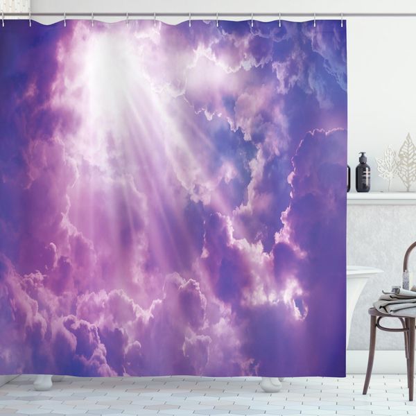 Abakuhaus Tenda Da Doccia Paesaggio, Nuvole Pesanti Sunlights, Resistente A Batteri E Muffe, Incl. 12 Ganci Lavabile Elegante Stampa Digitale, 175 X 180 Cm, Viola E Bianco-image