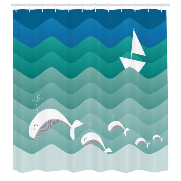 Abakuhaus Tenda Da Doccia Nautica, Tema Marino Barca Di Carta Mare Delfini Felici Animali Marini Sottomarini, Tessuto Set Decorativo Per Bagno Con Ganci, 175X200 Cm, Verde Mare Bianco Blu-image