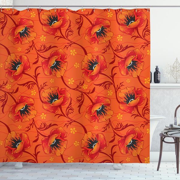 Abakuhaus Tenda Da Doccia Arancione, Romantico Motivo Floreale Con Papaveri, Resistente Ai Batteri E Alla Muffa, Incl. 12 Ganci, Lavabile, Elegante Stampa Digitale, 175 X 220 Cm, Arancione Bruciato, Giallo, Nero-image