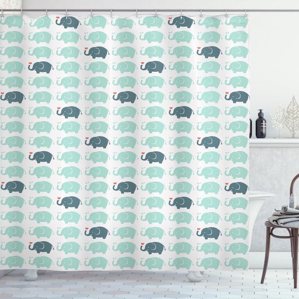 Abakuhaus Tenda Da Doccia Safari, Elefante Cartoon, Impermeabile, Inclusi 12 Anelli, Resistente A Batteri E Muffe, 175 X 200 Cm, Verde Acqua-image