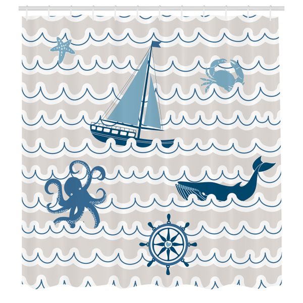Abakuhaus Tenda Da Doccia Nautica, Motivo A Onde Con Elementi Nautici Icone Polpo Granchio Stella Marina Balena Arte, Tessuto Set Decorativo Per Bagno Con Ganci, 175X220 Cm, Beige Blu Bianco-image