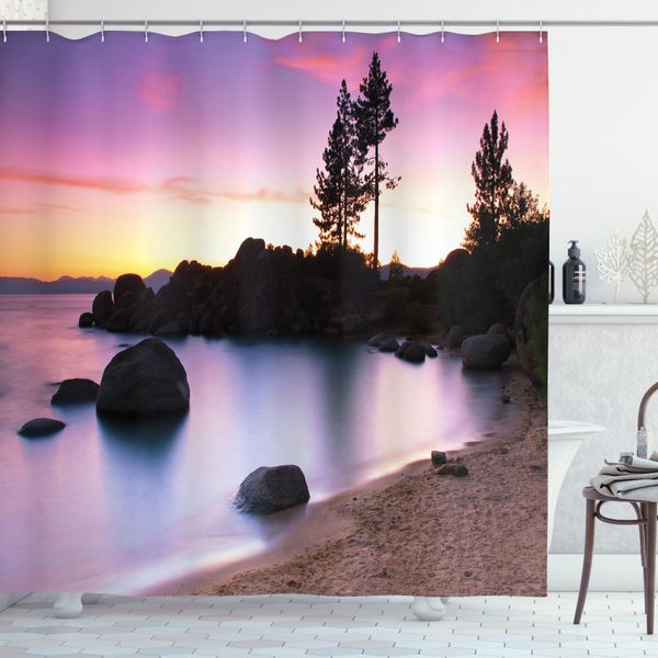 Abakuhaus Tenda Da Doccia Paesaggio, Sandy Beach Di Fiume, Acqua Opaca Incl. 12 Anelli Resistente A Batteri E Muffe, 175 X 240 Cm, Crema Lilla-image