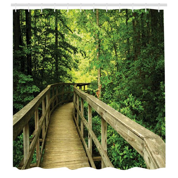 Abakuhaus Tenda Da Doccia Naturale, Parco Estate Scena Vista Ambiente Ecologia Natura Vacanza Avventura Scena, Tessuto Set Decorativo Per Bagno Con Ganci, 175X220 Cm, Verde Cachi-image