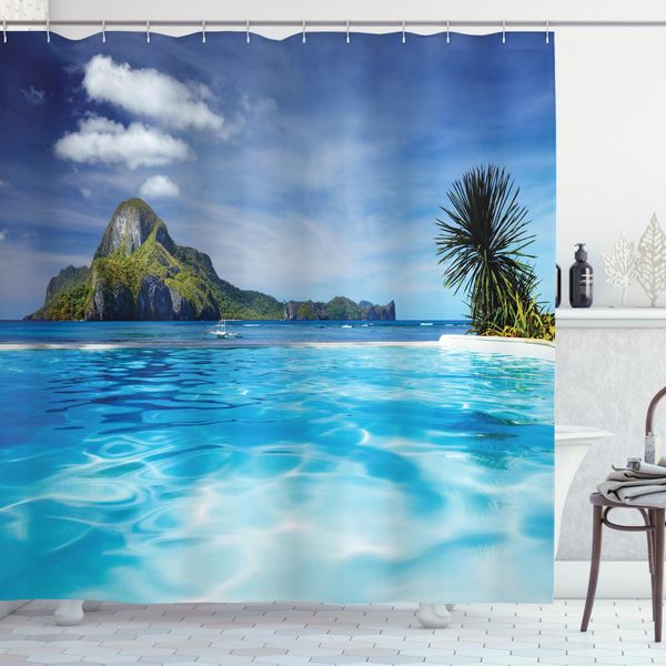 Abakuhaus Tenda Da Doccia Turchese, Mare, Montagne, Palme, Acqua, Opaca, Incl. 12 Anelli, Resistente A Batteri E Muffe, 175 X 180 Cm, Verde Turchese-image